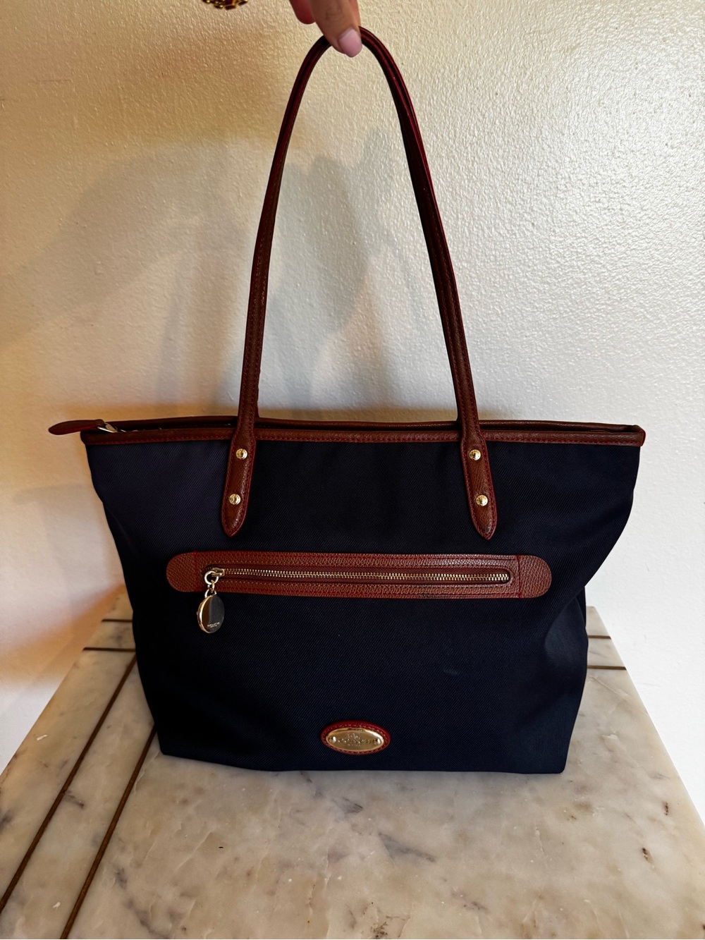 Vintage Coach Navy Canvas Tote with Brown Leather Trim and Gold Hardware